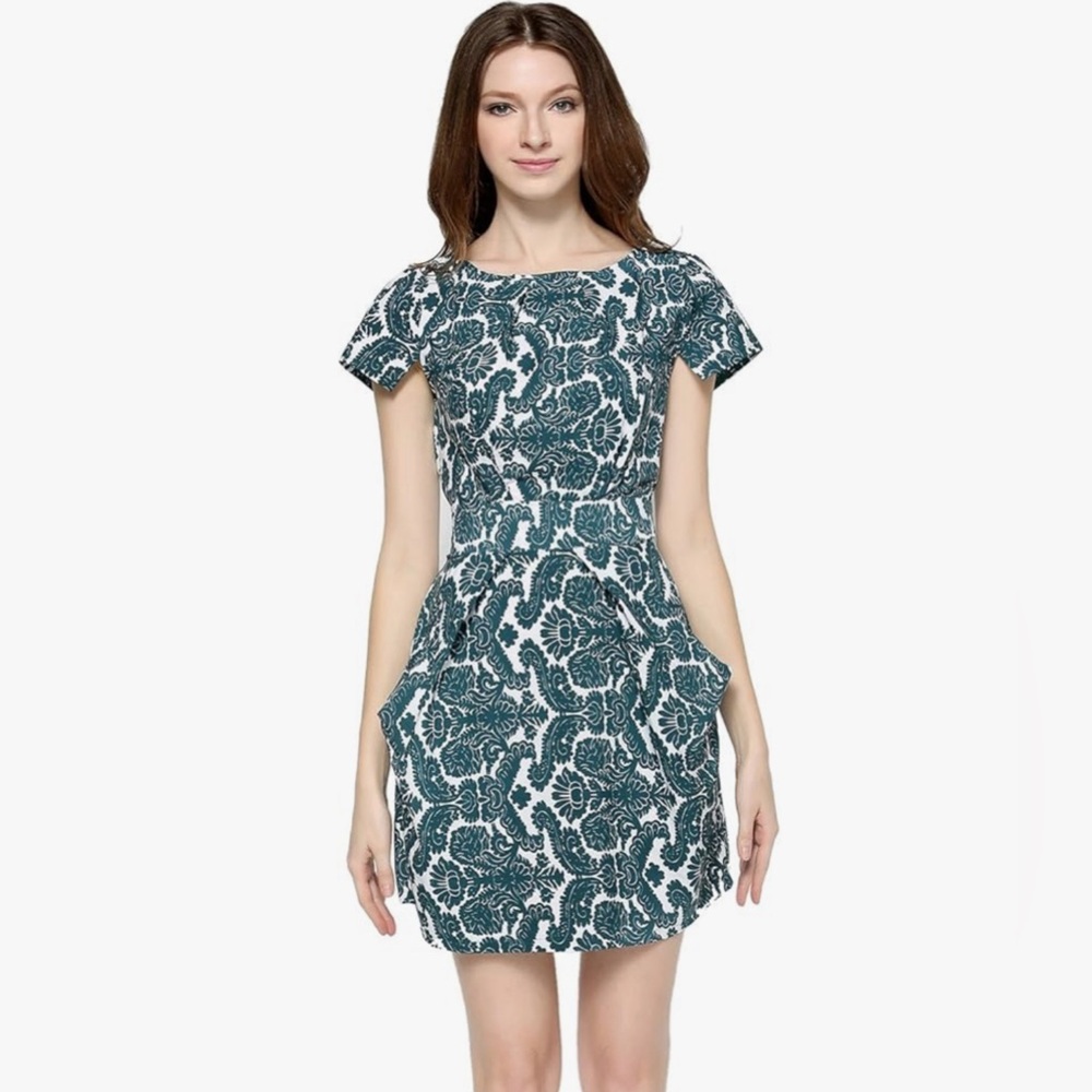 FREE w/purchase -Short Sleeve green paisley Dress Above Knee With Belt/pockets
